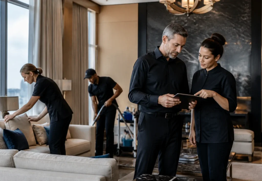 IP Cleaning Group team reviewing a cleaning checklist