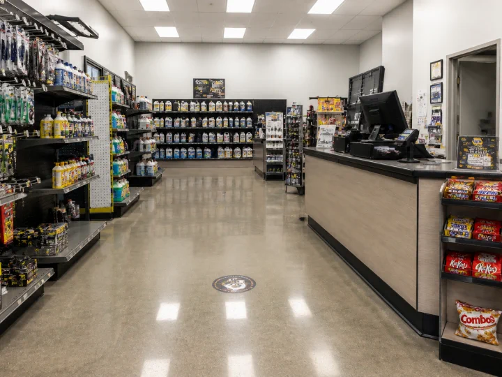 Retail store aisle with a freshly cleaned floor