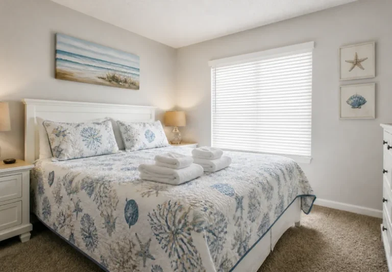 Guest bedroom with fresh linens and folded towels