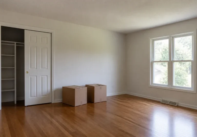 Empty room with moving boxes after a move-out cleaning
