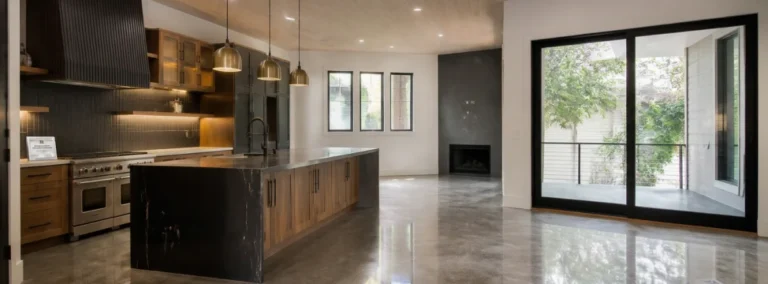 Renovated open kitchen with polished concrete floor