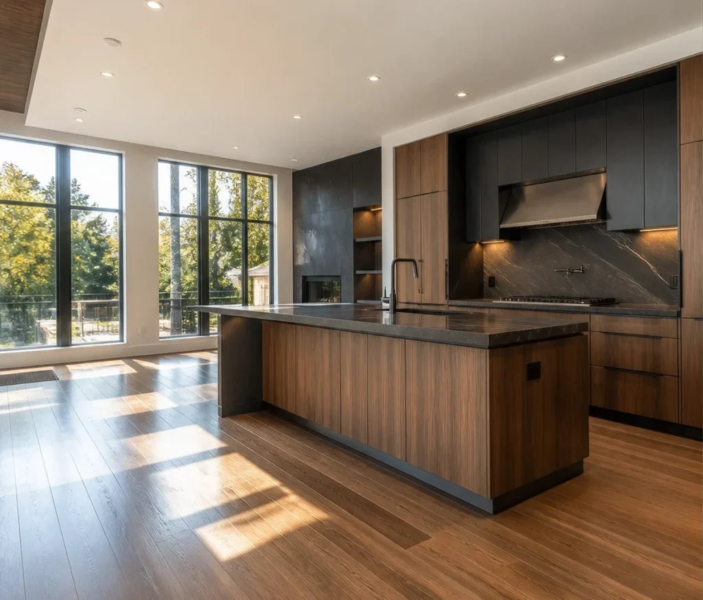 Newly built kitchen with dark cabinetry and wooden island