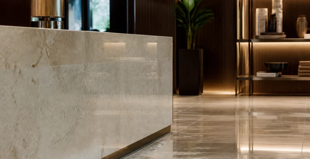 Marble reception desk in a commercial lobby